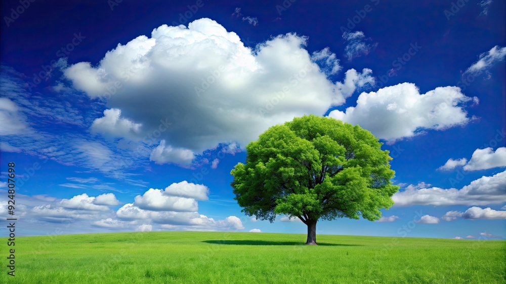 Landscape featuring a green tree against a blue sky filled with fluffy white clouds, nature, outdoors, scenery, summer, peaceful Landscape featuring a green tree against a blue sky filled with fluffy white clouds, nature, outdoors, scenery, summer, peaceful