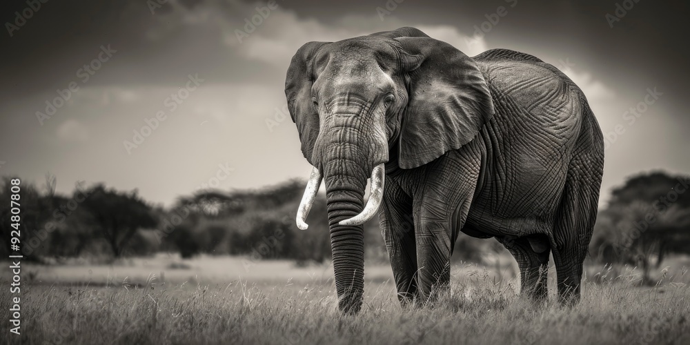 Fototapeta premium African bull elephant displaying wisdom calmness and grace in black and white averted gaze