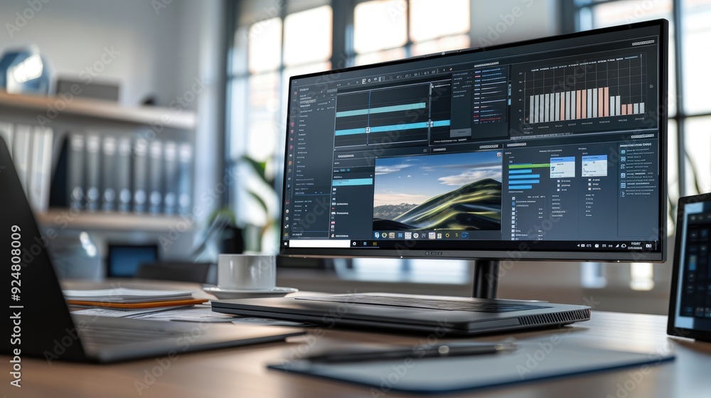 A close-up of a sleek external monitor on a desk, with a laptop displaying dual-screen functionality and documents nearby A close-up of a sleek external monitor on a desk, with a laptop displaying dual-screen functionality and documents nearby