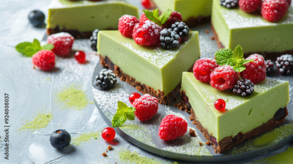 Matcha Cheesecake Slices With Berries and Mint Matcha Cheesecake Slices With Berries and Mint