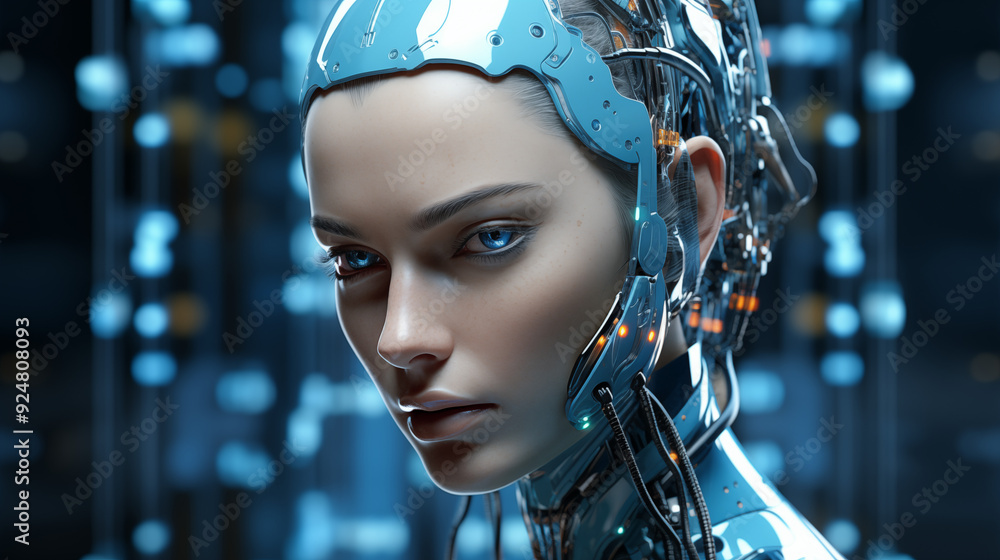 Close-Up Of Futuristic Female Cyborg With Blue Metallic Armor And Intricate Circuitry In A Sci-Fi Environment Close-Up Of Futuristic Female Cyborg With Blue Metallic Armor And Intricate Circuitry In A Sci-Fi Environment