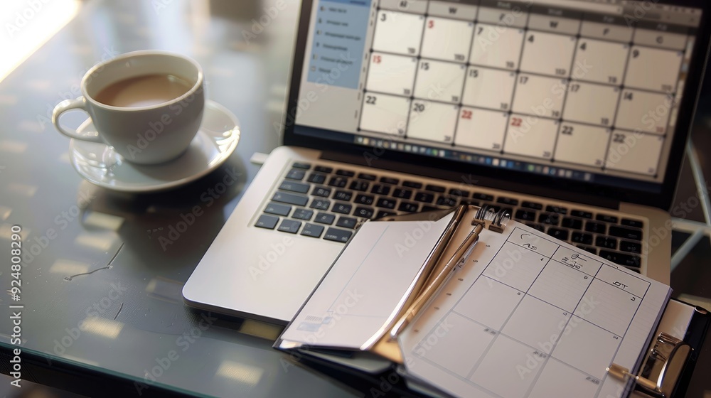 A close-up of a stylish business planner on a desk, with a laptop displaying a calendar app and a cup of coffee nearby A close-up of a stylish business planner on a desk, with a laptop displaying a calendar app and a cup of coffee nearby