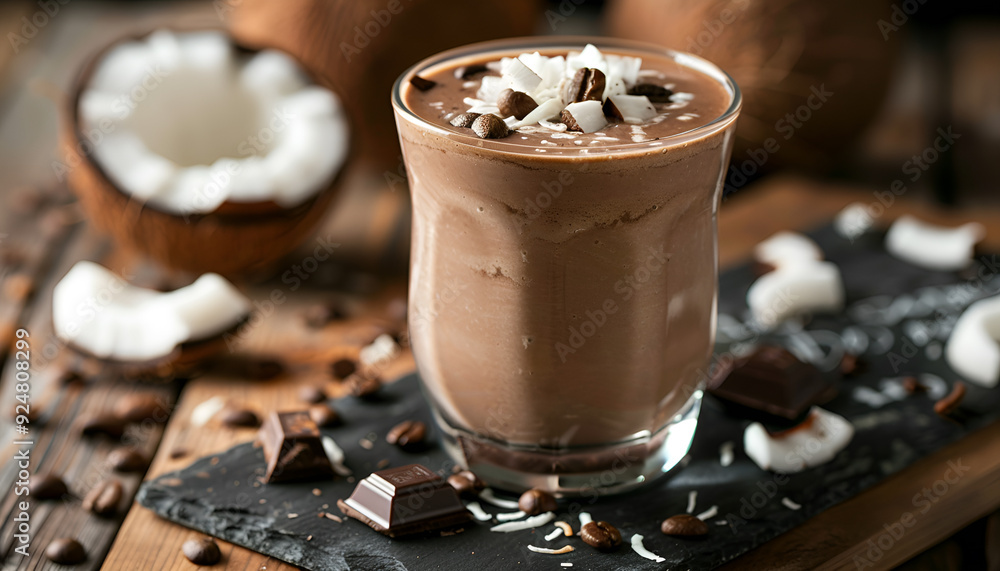 Coconut coffee chocolate smoothie on a chalk board Coconut coffee chocolate smoothie on a chalk board