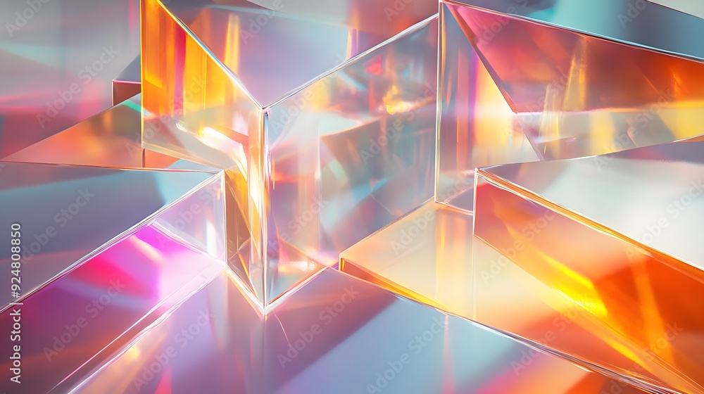 32. Intersecting geometric prisms with glowing reflections and translucent qualities, on a clear canvas 32. Intersecting geometric prisms with glowing reflections and translucent qualities, on a clear canvas