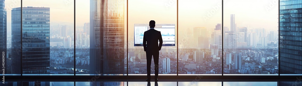 Fototapeta premium A silhouette of a businessman standing by a large window, gazing at a stunning city skyline during sunset.