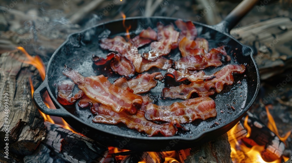 Cooking bacon on a campfire Generative AI