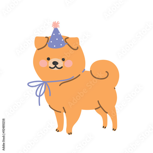 Cute spitz dog in a festive hat, Vector illustration in flat style.