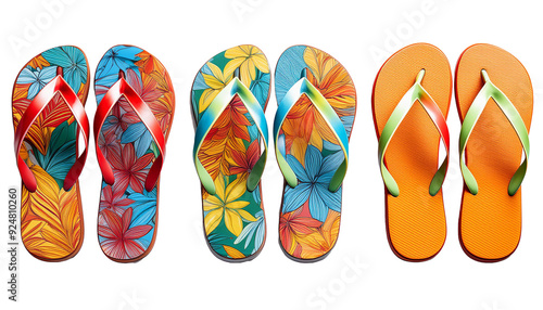 Colorful rubber flip-flops isolated on white background, perfect for summer beach fashion