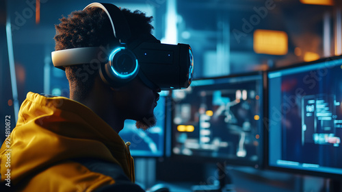  virtual reality game developer testing a VR headset, with digital worlds visible on monitors in the background photo