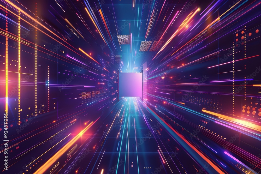 Abstract 3d illustration of a vibrant neon tunnel leading to a bright square portal Abstract 3d illustration of a vibrant neon tunnel leading to a bright square portal