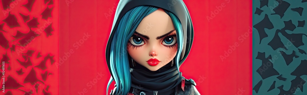 3D Cartoon Portrait of a Stylish Punk Rock Girl in Hijab and Rocker Outfit 3D Cartoon Portrait of a Stylish Punk Rock Girl in Hijab and Rocker Outfit
