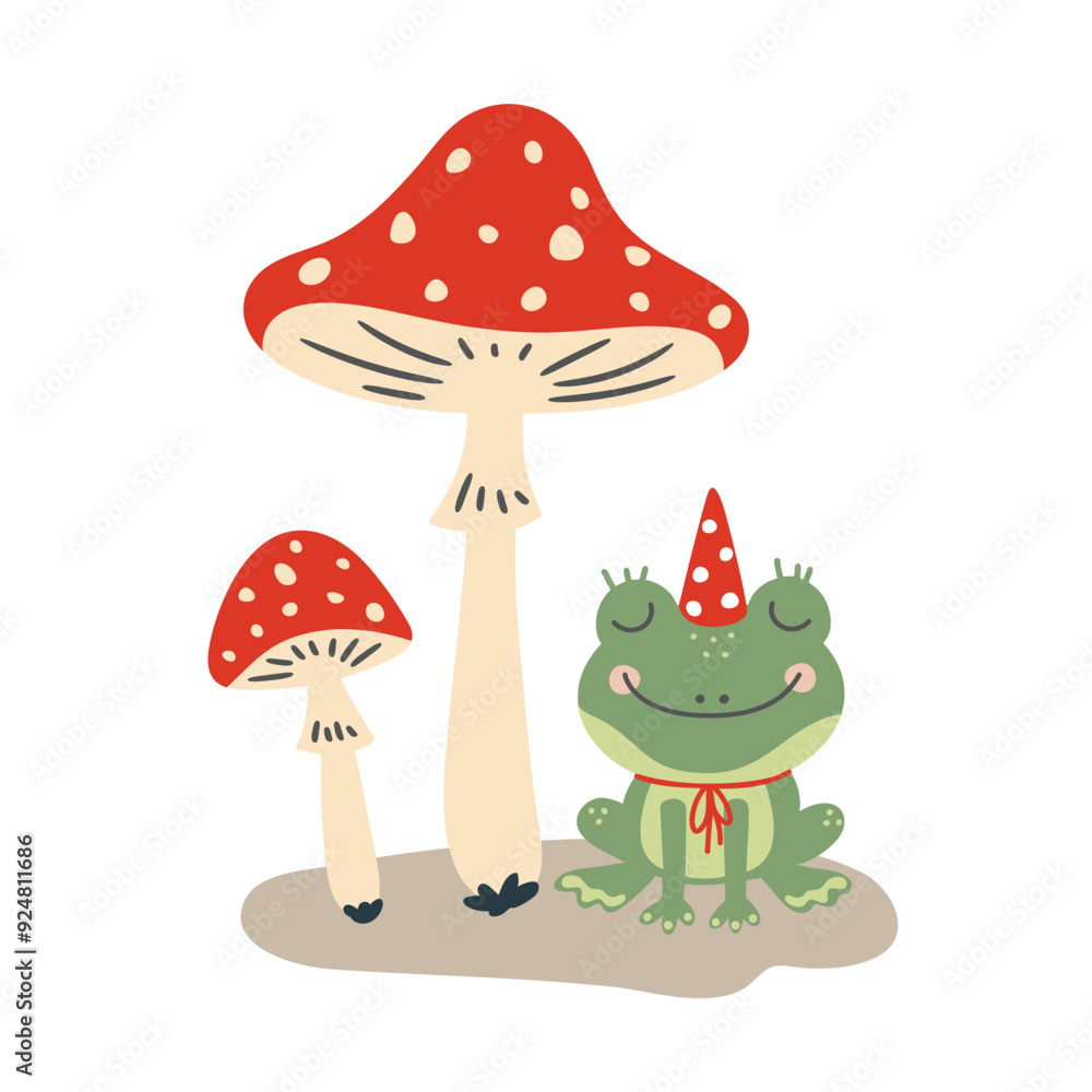 cartoon frog sits under fly agaric mushrooms, cute flat style cartoon frog sits under fly agaric mushrooms, cute flat style