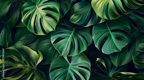 Wallpaper Mural Monstera Leaves Pattern, Tropical Green Foliage, Dark Background Torontodigital.ca