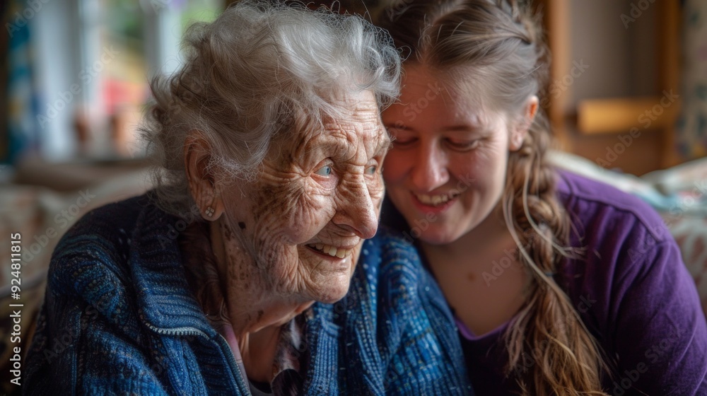 A heartwarming moment shared between an elderly woman and a young girl. They share smiles and laughter in a cozy room. This intimate scene captures love and connection beautifully. AI A heartwarming moment shared between an elderly woman and a young girl. They share smiles and laughter in a cozy room. This intimate scene captures love and connection beautifully. AI
