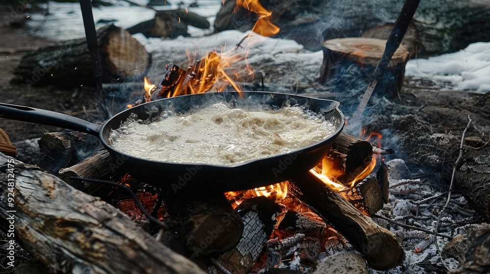 Wild camping, food cooked on a campfire is prepared. Generative AI Wild camping, food cooked on a campfire is prepared. Generative AI
