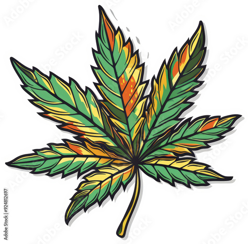 A vibrant green and yellow marijuana leaf with a white outline.