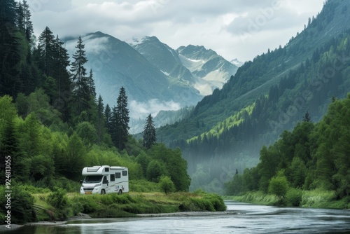 motorhome driving across lush green forest with river on one side and looming mountains on the other in midsummer