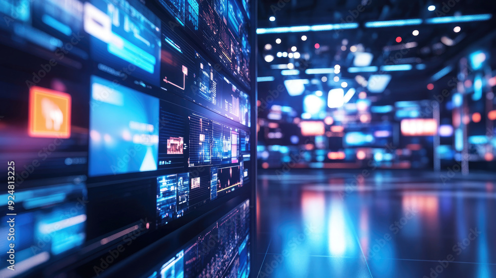Newsroom Studio Background Featuring Digital Screens and Broadcasting Equipment
