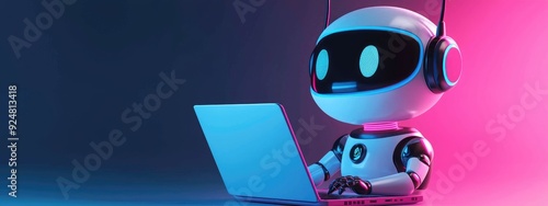 A robot is sitting in front of a laptop computer, Concept of technology and automation photo