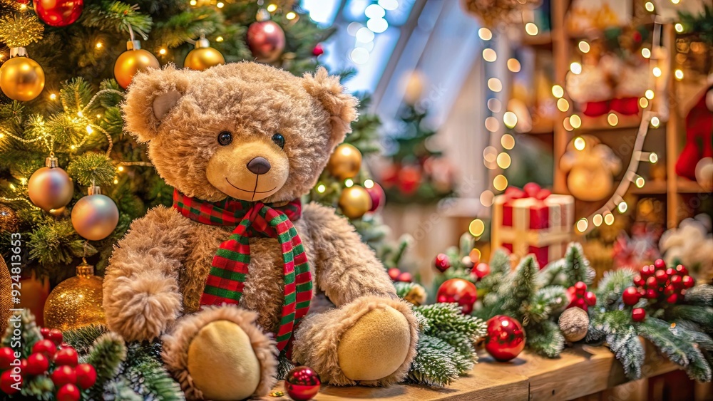 Teddy bear with festive decorations on display in toy gallery, teddy bear, toy decoration, holiday, festive, display, showcase, exhibit Teddy bear with festive decorations on display in toy gallery, teddy bear, toy decoration, holiday, festive, display, showcase, exhibit
