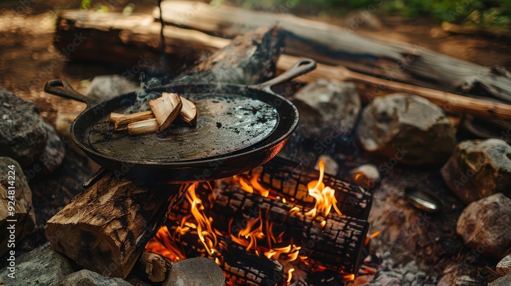Wild camping, food cooked on a campfire is prepared. Generative AI Wild camping, food cooked on a campfire is prepared. Generative AI