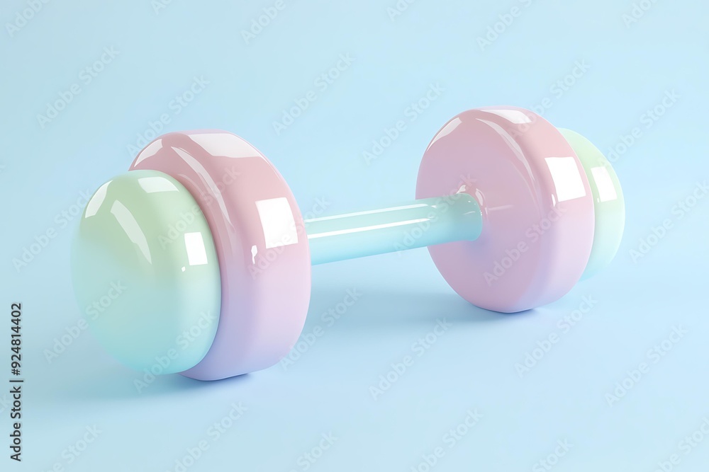 pastel colored dumbbell resting onlight blue surface, evokingplayful and cheerful atmosphere. pastel colored dumbbell resting onlight blue surface, evokingplayful and cheerful atmosphere.