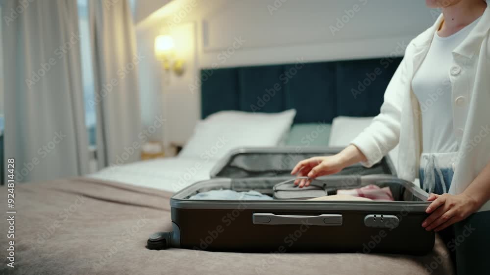 A young woman opens a suitcase in a hotel room. A young woman opens a suitcase in a hotel room.