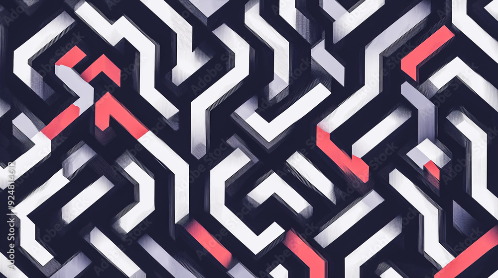 Interlocking motifs and arrows navigate a geometric maze, symbolizing digital marketing's complexity. Black, grey, red, and white hues create an industrial palette. Interlocking motifs and arrows navigate a geometric maze, symbolizing digital marketing's complexity. Black, grey, red, and white hues create an industrial palette.