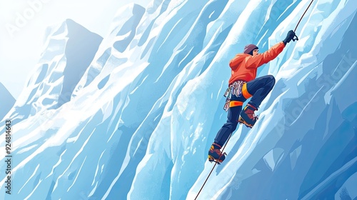Cartoon ice climber twisting in ice screw during ascent