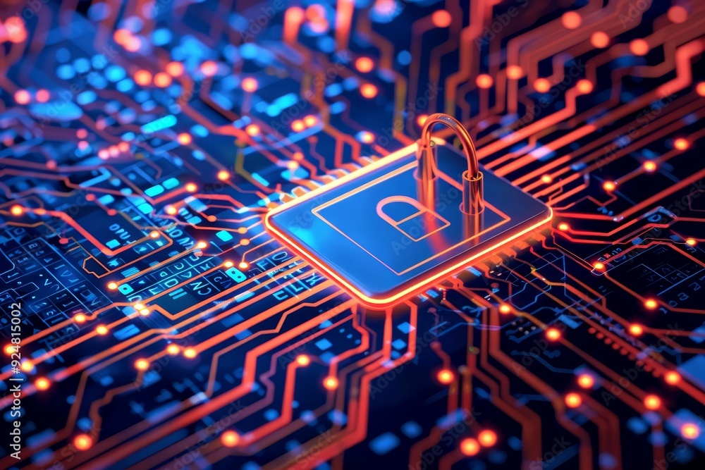 circuit with padlock on it, An advanced cybersecurity system protects against online threats and data breaches circuit with padlock on it, An advanced cybersecurity system protects against online threats and data breaches