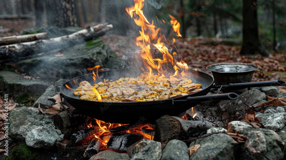 Wild camping, food cooked on a campfire is prepared. Generative AI