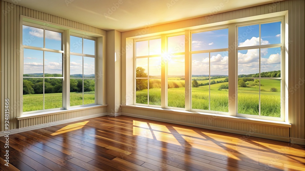 Fototapeta premium Bright sunlight illuminating a living space with a view of fields through the window, sunny, sunlight, living room, window, fields