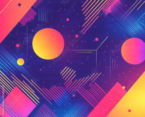 Colorful geometric shapes and lines dance on a dark purple-blue gradient, creating an abstract vector backdrop.