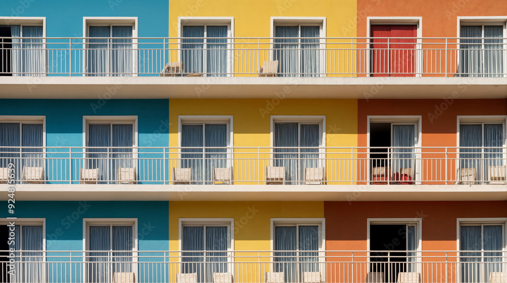 Colorful facade of modern residential building with balconies. Architecture, design concept. Minimalist style, symmetry, geometric shapes. For real estate agency, travel blog or construction company Colorful facade of modern residential building with balconies. Architecture, design concept. Minimalist style, symmetry, geometric shapes. For real estate agency, travel blog or construction company