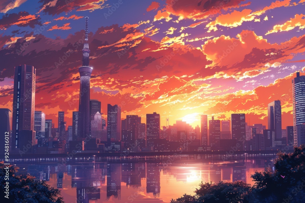 Fototapeta premium Cityscape with Skyscrapers at Sunset Reflected in Water