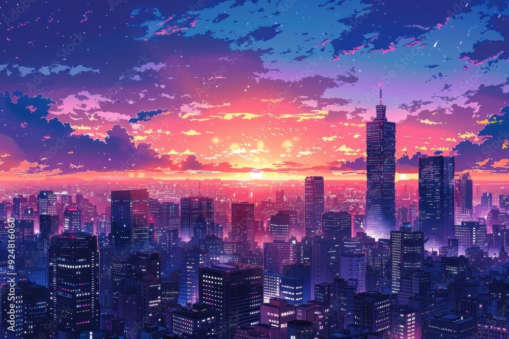 Fototapeta premium Cityscape with Skyscrapers and a Sunset Sky