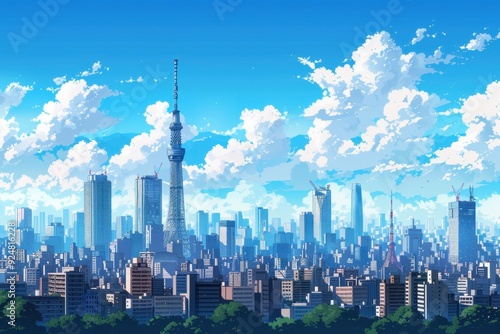 Tokyo Skyline with Skytree and Fluffy Clouds