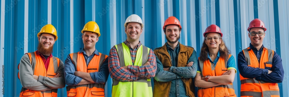 A diverse group of six construction workers wearing safety helmets and vests, smiling and standing in front of a blue corrugated wall.