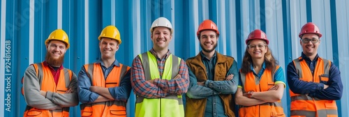 Obraz na płótnie A diverse group of six construction workers wearing safety helmets and vests, smiling and standing in front of a blue corrugated wall. w salonie
