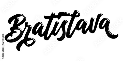 Photography Bratislava city name written in street art-style liquid brush script lettering