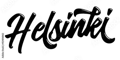 Helsinki city name written in street art-style liquid brush script lettering