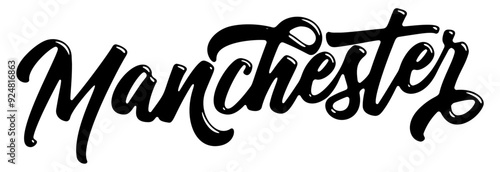Manchester city name written in street art-style liquid brush script lettering