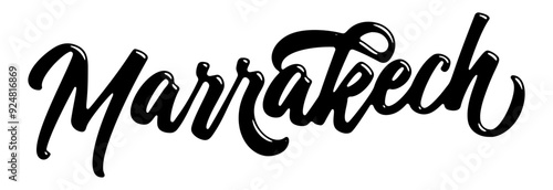 Marrakech city name written in street art-style liquid brush script lettering
