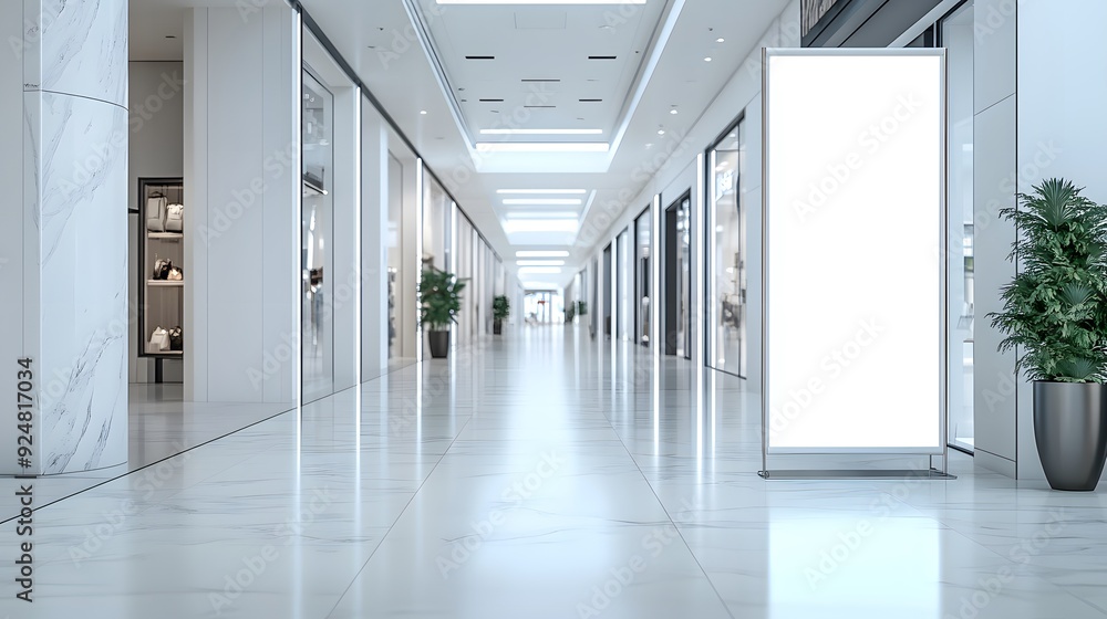 Blank white roll-up banner stand in shopping mall hall background. Blank white roll-up banner stand in shopping mall hall background.