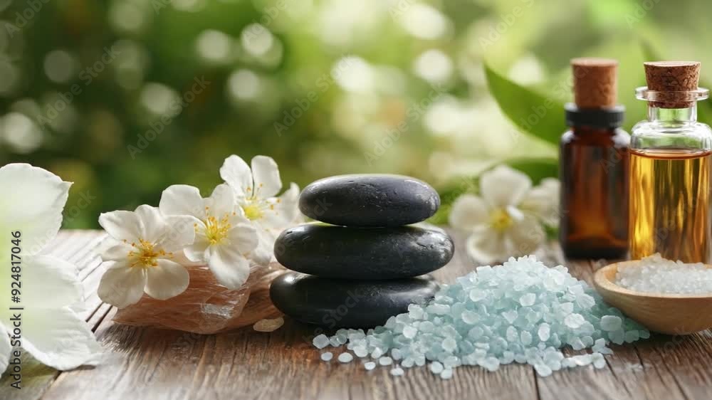 A relaxing setup featuring smooth stones, fragrant oils, bath salts, and fresh flowers, creating a peaceful ambiance for a spa experience. A relaxing setup featuring smooth stones, fragrant oils, bath salts, and fresh flowers, creating a peaceful ambiance for a spa experience.