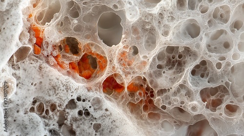 A detailed microscopic photograph of a human lung alveolus and its surrounding capillaries. The alveolus appears as a tiny, spherical sac with a thin, delicate wall, lined with a layer of squamous