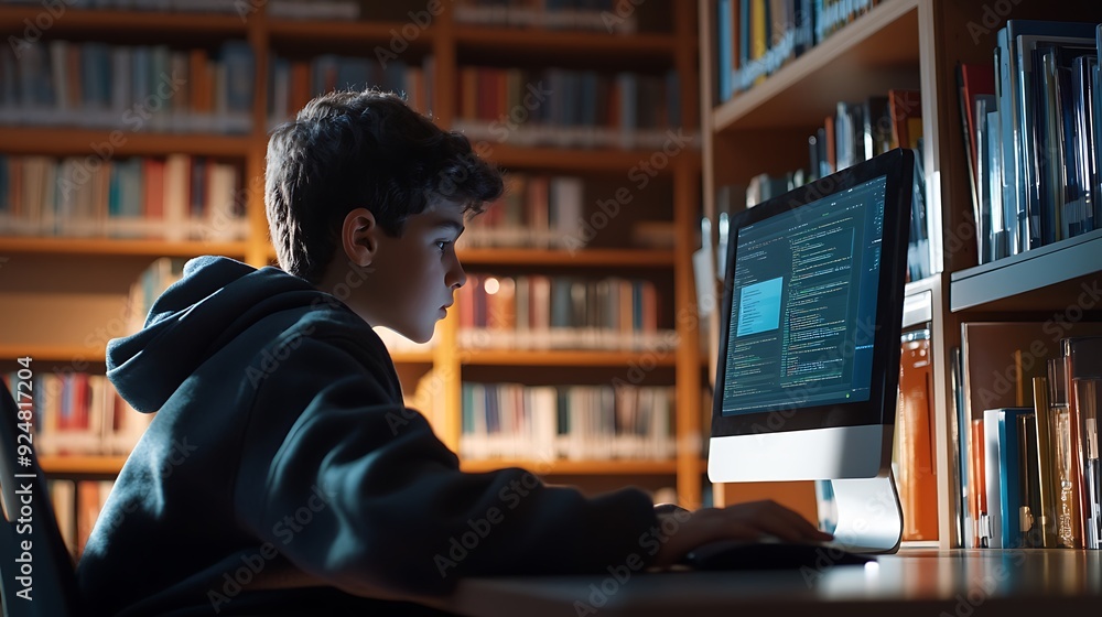 A student researching information on a desktop computer in the school library. A student researching information on a desktop computer in the school library.