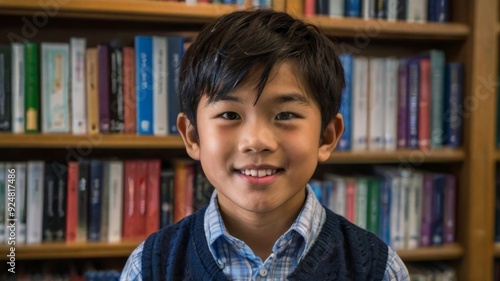 Asian Boy in library room school