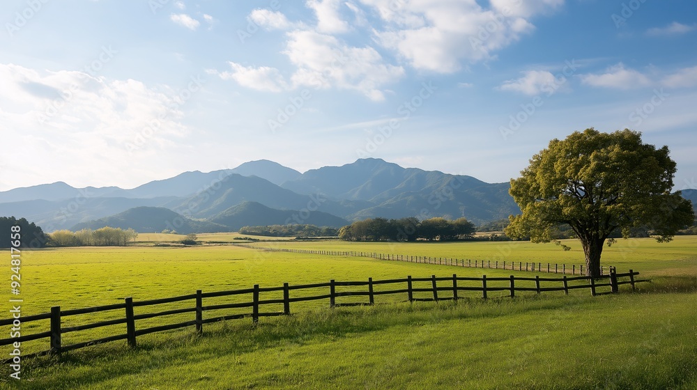 Serene Countryside Landscape: A picturesque vista unfolds, showcasing rolling green fields, a majestic mountain range in the distance, a lone tree standing sentinel Serene Countryside Landscape: A picturesque vista unfolds, showcasing rolling green fields, a majestic mountain range in the distance, a lone tree standing sentinel