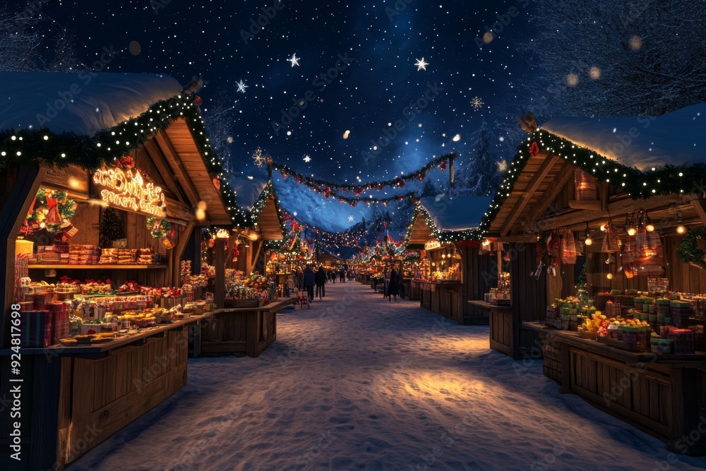A bustling holiday market filled with twinkling lights and festive stalls, set against a stunning starry night sky. The air is filled with the sweet scent of treats and the sound of joyful chatter. A bustling holiday market filled with twinkling lights and festive stalls, set against a stunning starry night sky. The air is filled with the sweet scent of treats and the sound of joyful chatter.